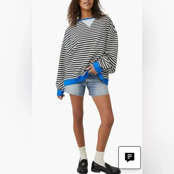 Free People -We the Free Oversized Striped Black & White Crewneck Sweatshirt - Picture 5 of 10